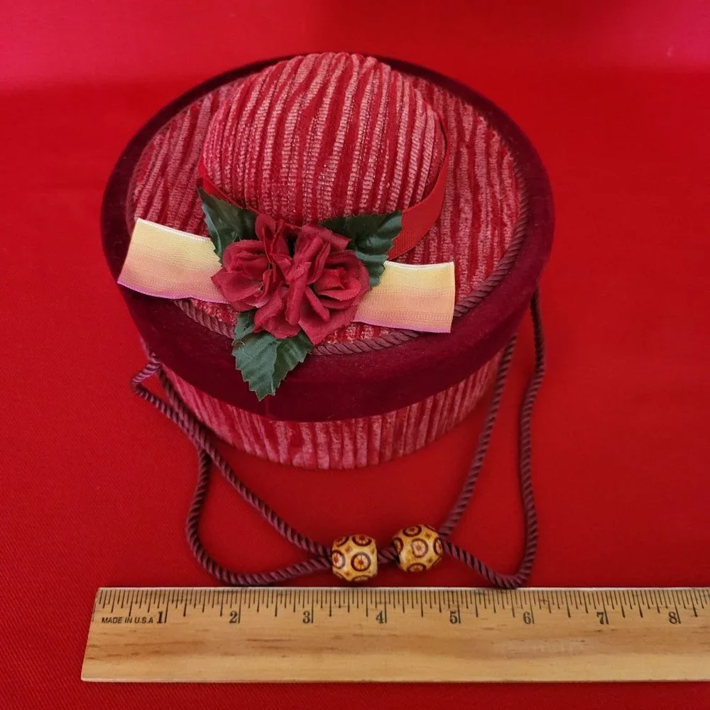 Dept 52 Sewing Box Red Velvet Square and Hat Shape Set of 2 Holiday Time